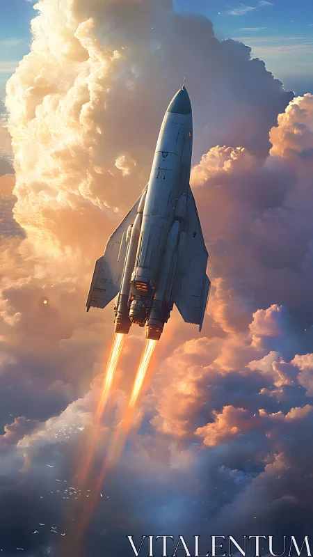 Vertical spacecraft ascent through dense illuminated clouds.