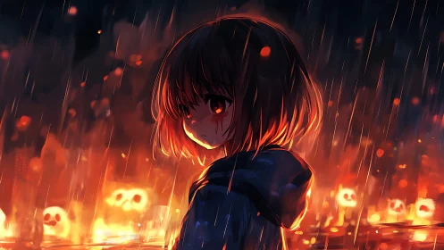 Rainlit girl before burning field with spectral embers.