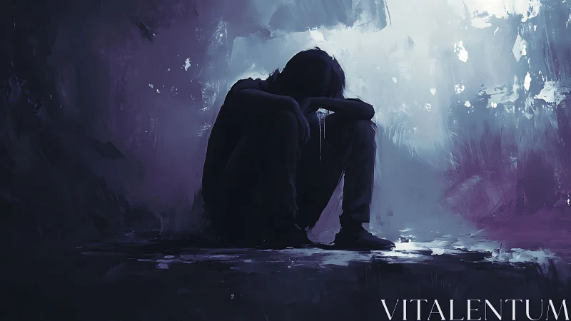 Solitary figure sits in shadowed void under cold violet light