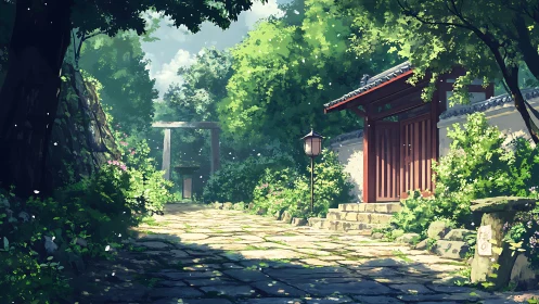 Sunlit garden pathway leads gently to a quiet wooden gate