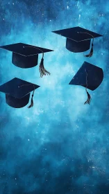 Caps in flight over a dreamy blue graduation sky.
