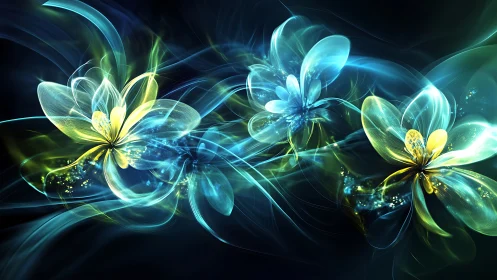 Glowing dreamlike flowers drifting through luminous night.