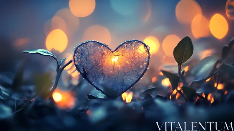 Backlit heart-shaped organic form with bokeh lighting and foliage.