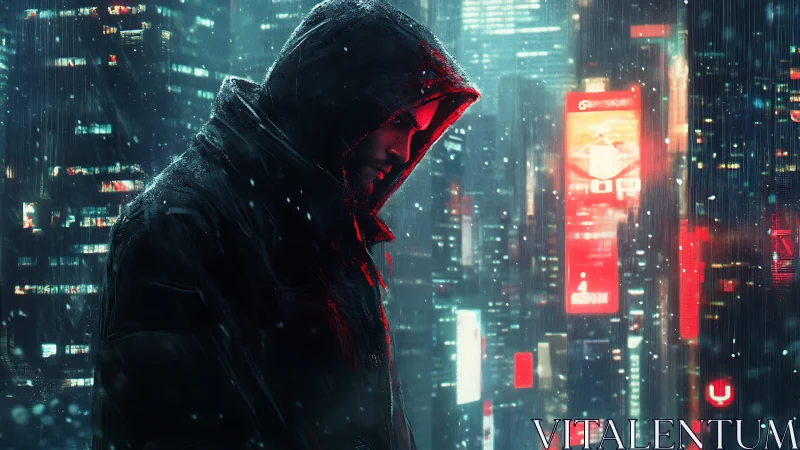Hooded lone figure walks through neon rain in cyberpunk city