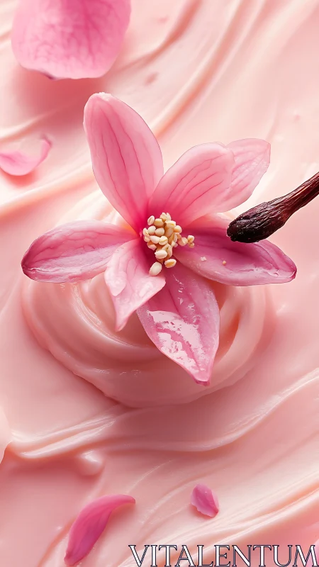 Pink blossom resting on creamy swirled cosmetic base.
