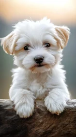 White puppy rests on rock under soft golden sunset glow.