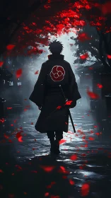 Anime samurai silhouette under crimson foliage in rainstorm.