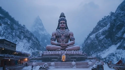 Snow covered Shiva statue in mountain temple complex.