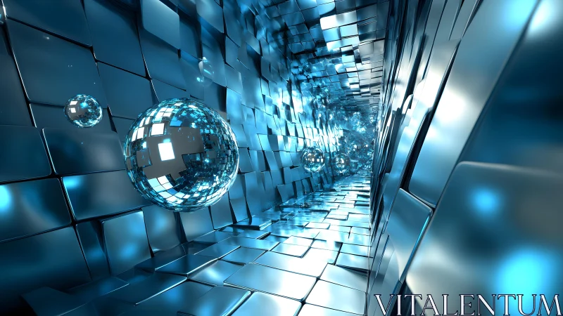 Reflective data spheres in tessellated metallic corridor.