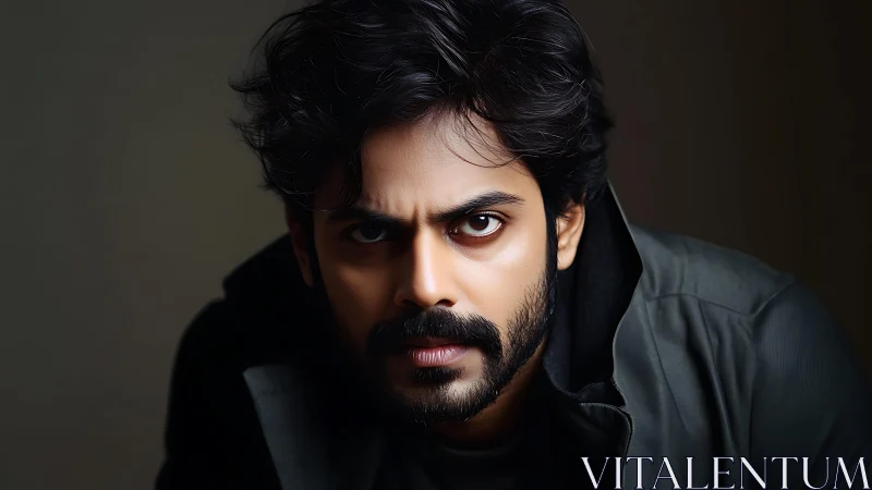 Intense bearded man in moody light with steady, focused gaze.