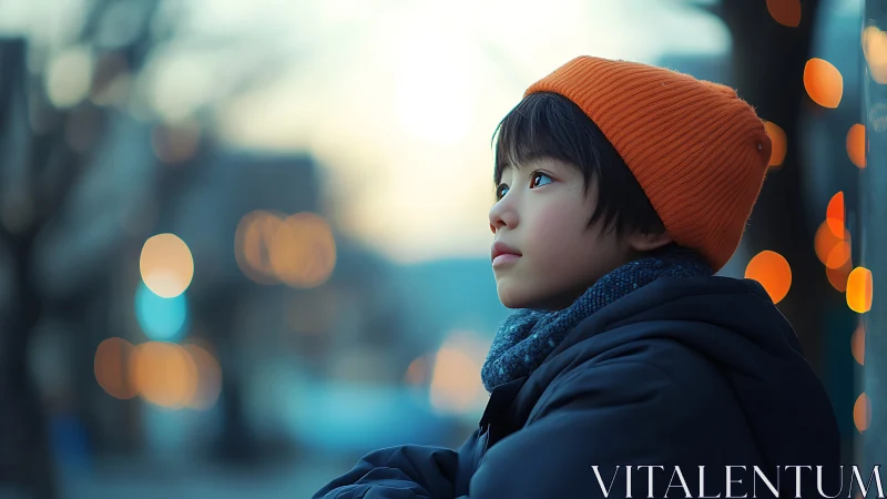 Young girl in winter wonderland gazes pensively at city lights