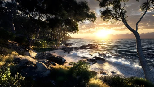 Golden sun sets over rocky forest shoreline at dusk.