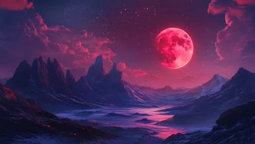 Crimson moonrise bathes an alien valley in surreal twilight