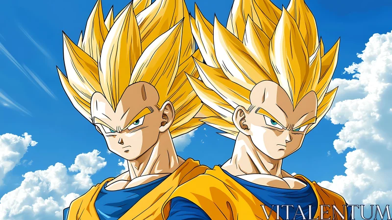 Twin golden-haired anime warriors in blue sky portrait
