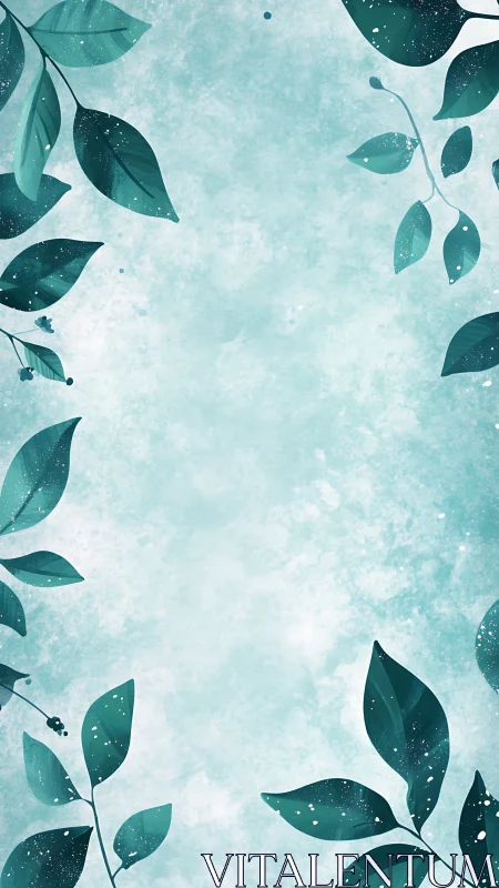 Digital botanical frame with teal foliage and textured wash.