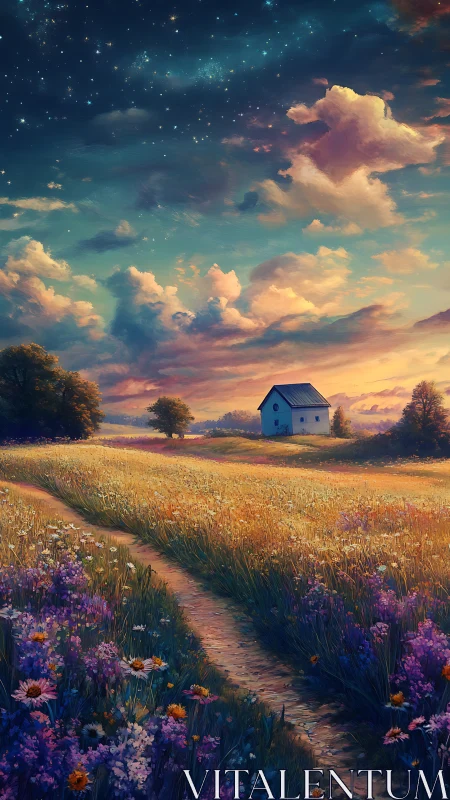 Noctilucent sky over spectral wildflower field and cottage.