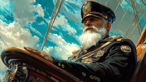 Senior naval officer at ship helm under clouded daytime sky.