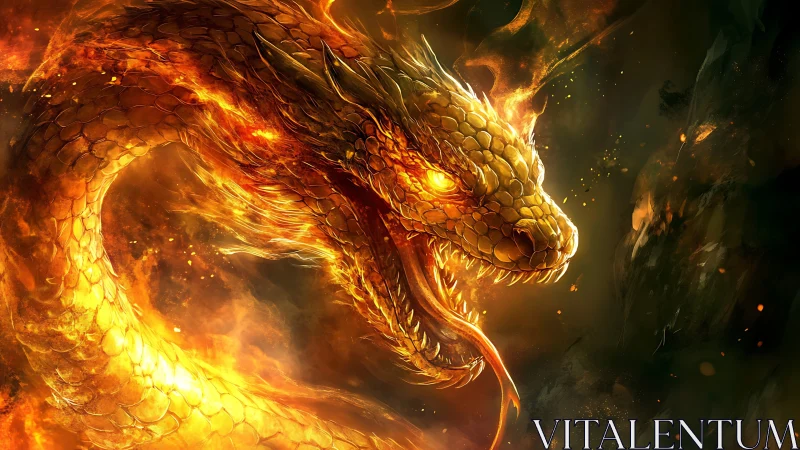 Incandescent draconic head coils through firelit negative space