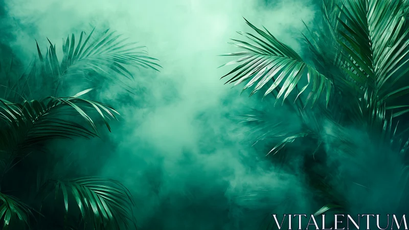 Luminous tropical fronds in atmospheric teal vapor field.