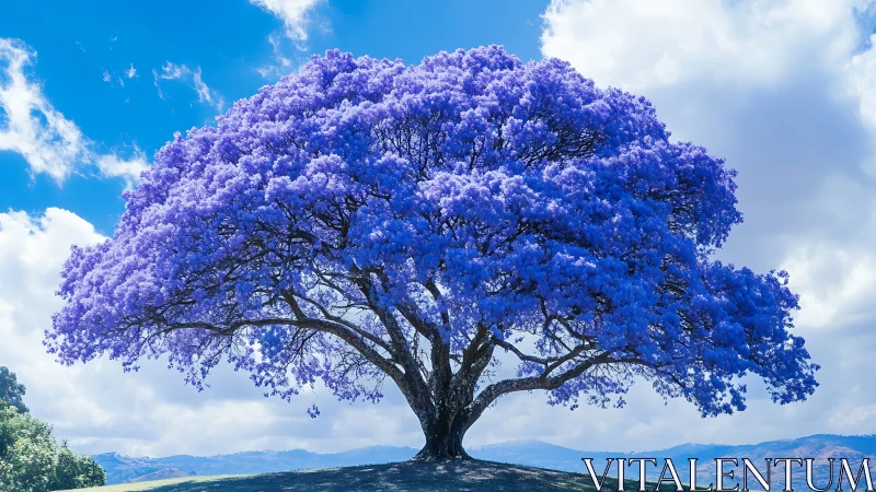 Solitary blue-flowering tree on open hillside under clouds.