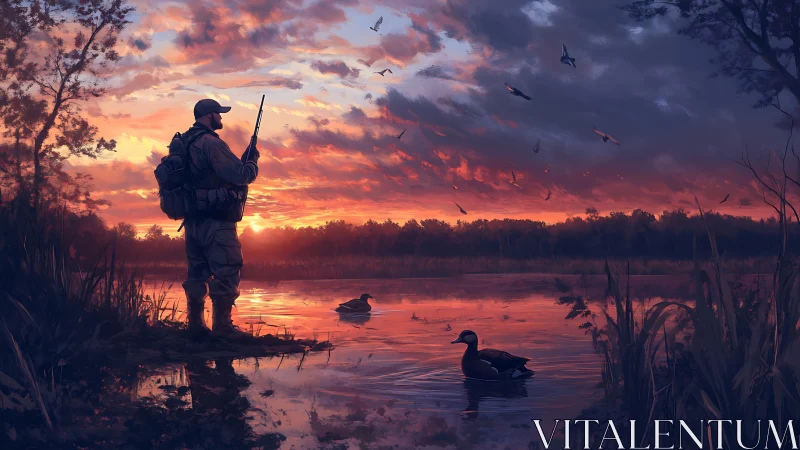 Wetland hunter silhouetted against stratified dusk skyscape.