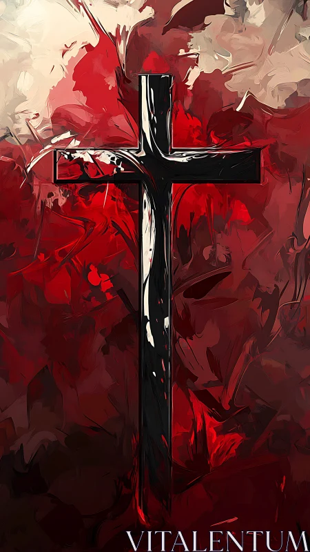 Crimson storm of faith swirling around stark black cross.