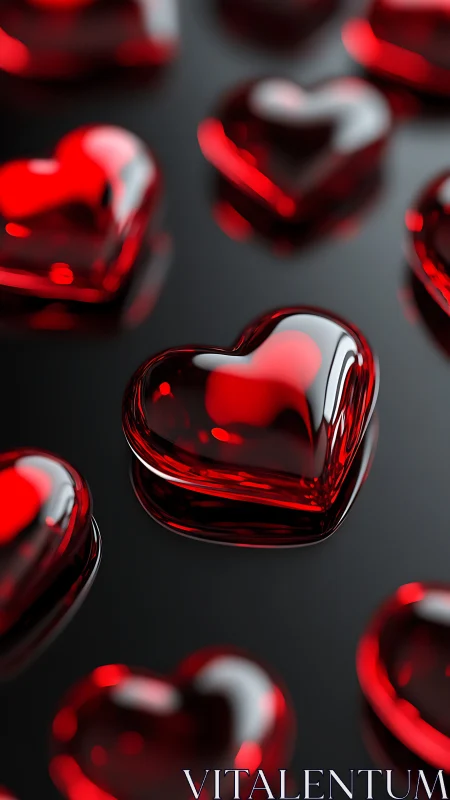 Red glass hearts arranged on gray reflective surface display luminous properties
