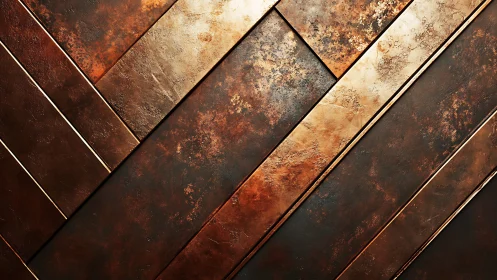 Diagonal copper metal planks show oxidized patina and directional wear