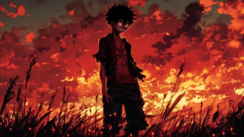 Sinister anime drifter under a burning crimson sunset sky.