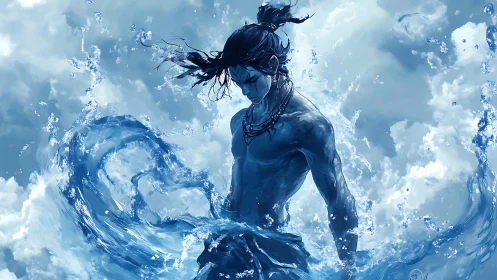 Water elemental warrior rises from swirling ocean waves