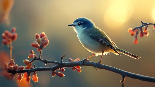 Small songbird on a branch at sunrise, dreamy soft-focus style.