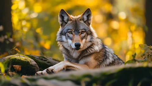 Autumn throne for a golden-eyed forest wolf sentinel.