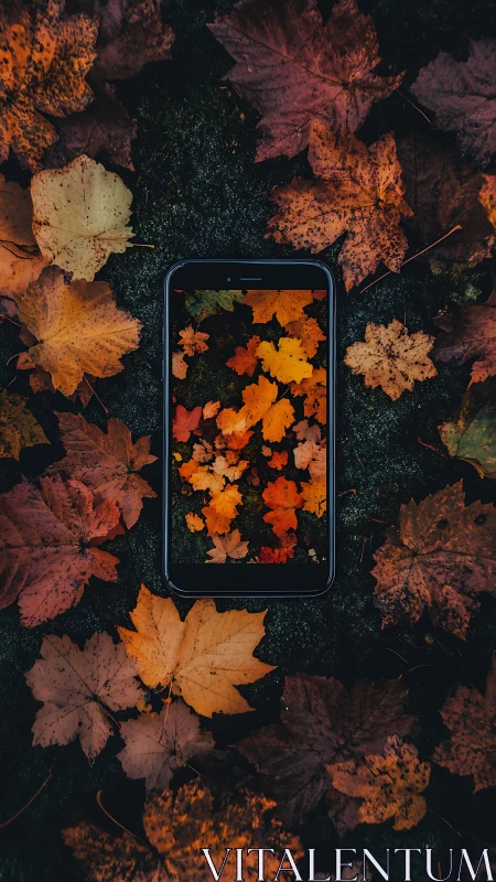 Photorealistic autumn leaves framed by smartphone display portal.