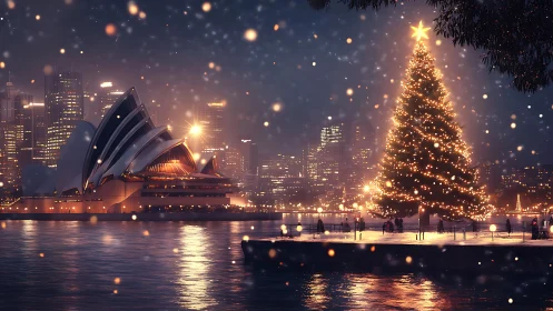 Photorealistic harbor Christmas skyline with illuminated tree.