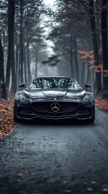 Sleek black Mercedes rests confidently on a misty forest lane.