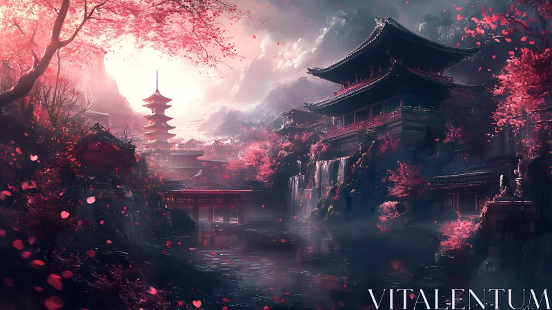 Mystic cherry blossom temple valley with cascading waterfalls.