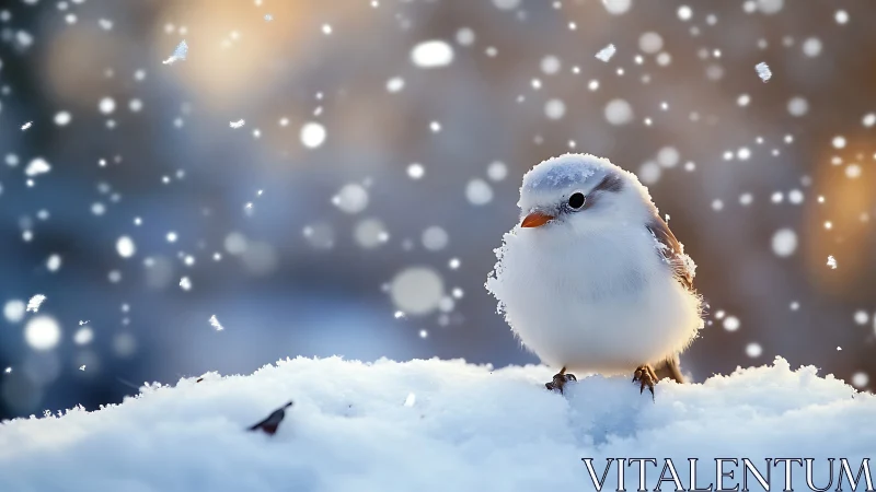 Fluffy White Bird Perched in Snowfall, Soft Winter Photography.
