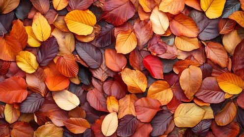 Fallen autumn leaves form a rich tapestry of warm color
