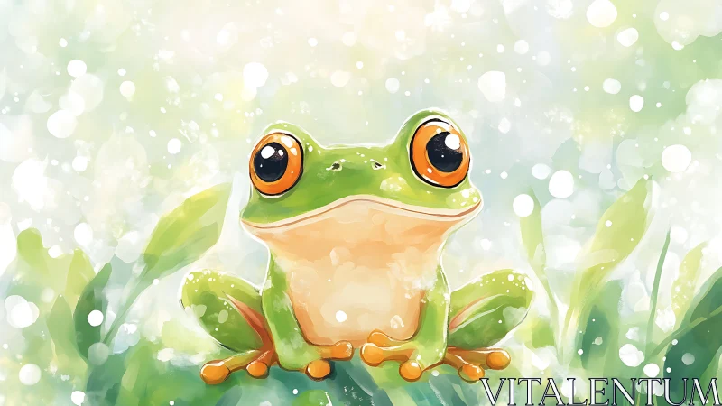 Vibrant tree frog portrait in luminous watercolor meadow.