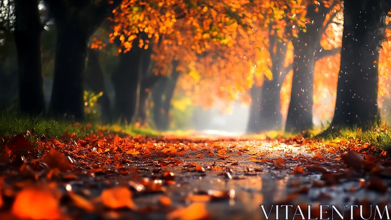 Autumn tree tunnel frames wet path covered in fallen leaves