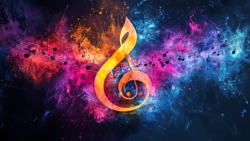 Vibrant treble clef in explosive neon music spectrum.