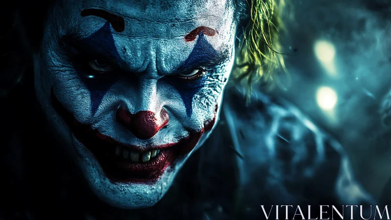 Sinister clown prowls in neon fog, grin carved from chaos.