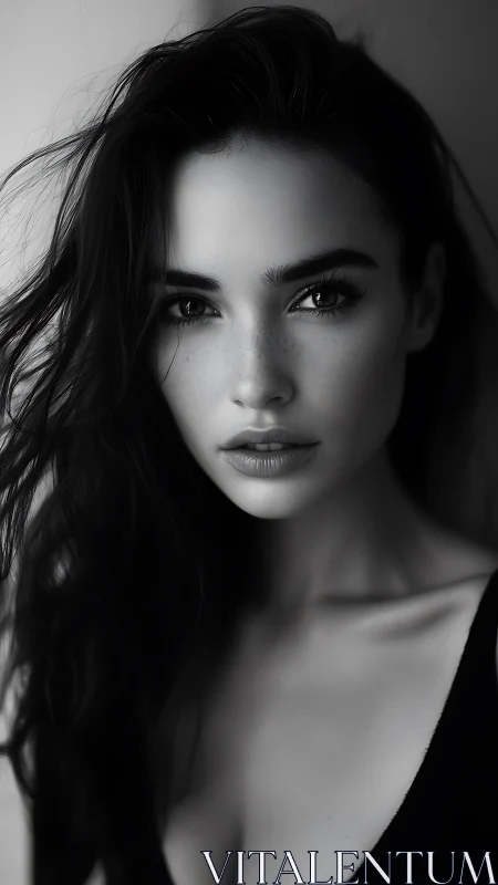 Shadowlit gaze of a modern muse in monochrome quiet.