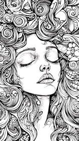 Surreal line art portrait of woman with flowing patterned hair.