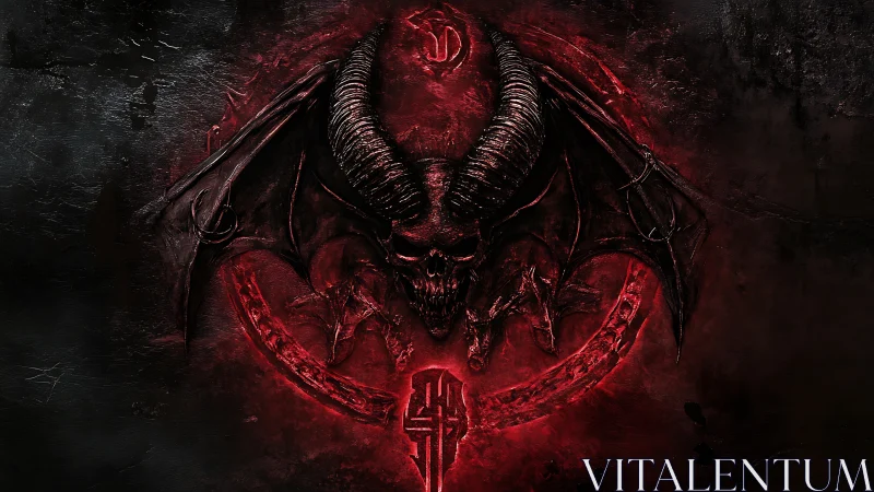 Demonic skull emblem with horned wings rendered in high contrast red