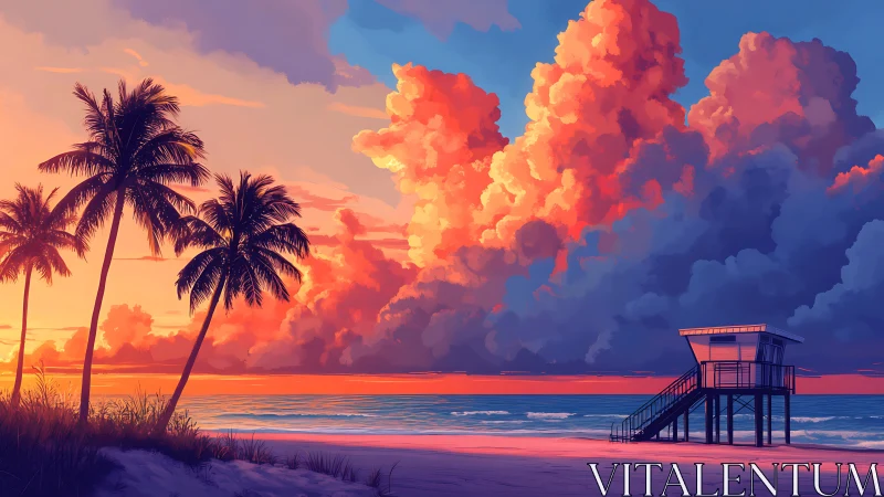 Palm trees and lifeguard tower under dense sunset clouds.