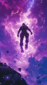 Cosmic wanderer ascends through electric violet nebula sky.