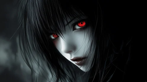 Luminous red eyes glow gently from a mysterious pale face