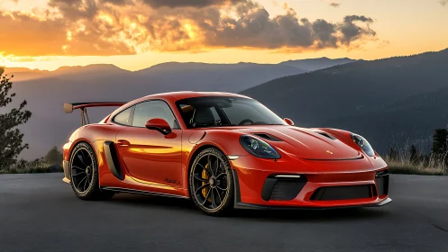 Sunset-bred sports coupe poised on a mountain-edge runway.