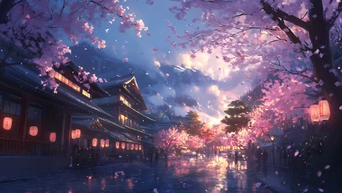 Twilight cherry blossoms illuminate a tranquil Kyoto street.